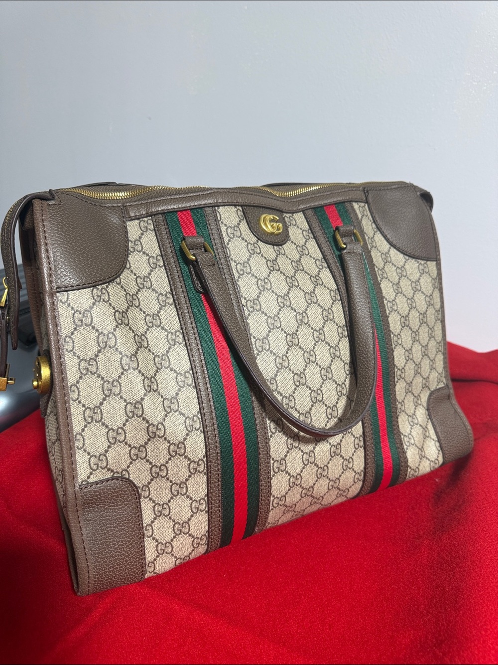 Gucci Brown GG Supreme Canvas Tote with Web Stripe